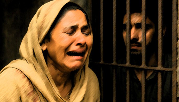 An Illustrative Image shows a woman crying for her young son who is standing behind bars