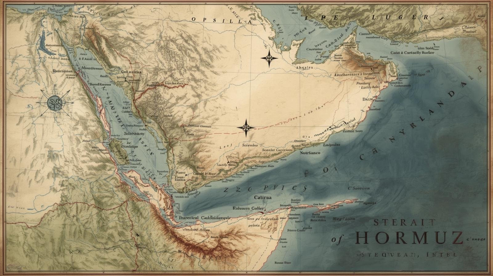 An AI generated Image of Strait of Hormuz which shows the Surface Structure in the Region