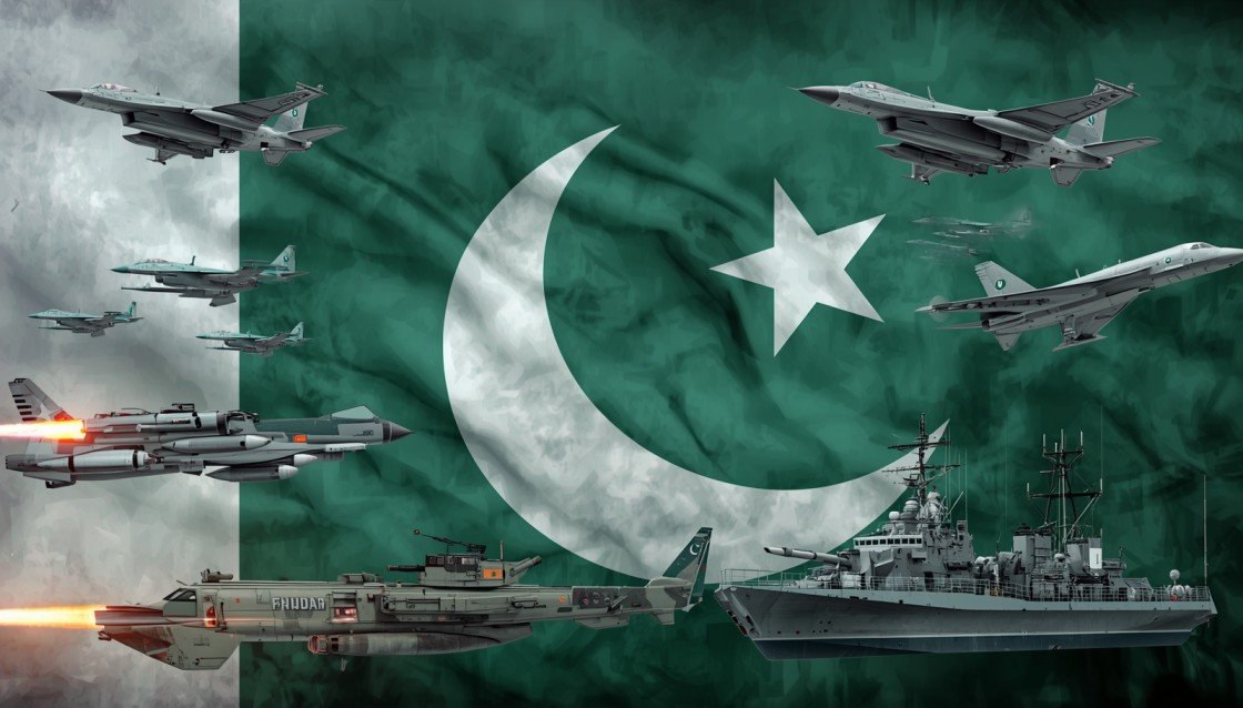 Pakistan flag with defense technology, military aircraft, missiles, tanks, naval vessels, modern defense equipment