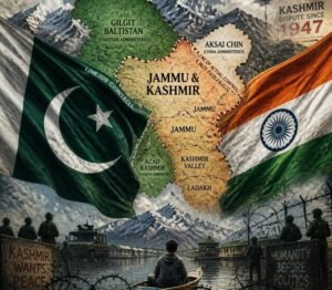 Kashmir Map between India and Pakistan Flags